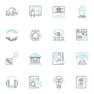 Exhibit linear icons set. Display, Showcase, Presentation, Exhibition, Show Stock Illustration