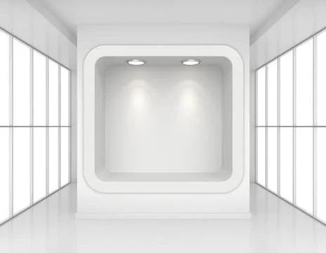 Exhibit Showcases with light sources in blank interior room large windows Stock Illustration