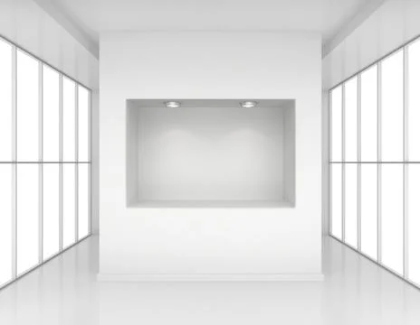 Exhibit Showcases with light sources in blank interior room large windows Stock Illustration