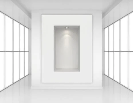 Exhibit Showcases with light sources in blank interior room large windows. 3d Illustrazione stock