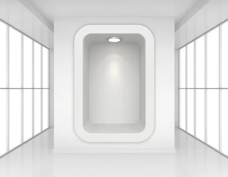 Exhibit Showcases with light sources in blank interior room large windows. 3d Stock-Illustration