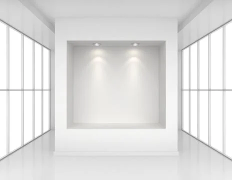 Exhibit Showcases with light sources in blank interior room large windows. 3d Stock-Illustration