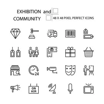 EXHIBITION and COMMUNITY vector line 48x48 Pixel Perfect Icons Stock Illustration