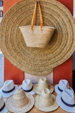 Exhibition and sale of carpets, bags and hats, typical Andalusian products Stock Photos