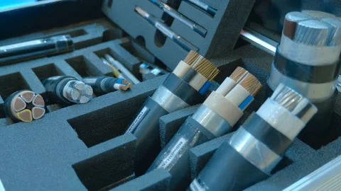 In the exhibition case, samples of industrial copper, aluminum electrical wires Video stock 217544971