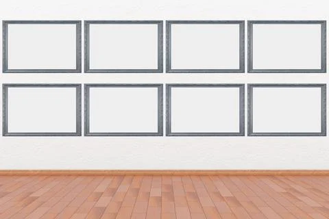 Exhibition, exhibition, empty frames in an interior. Illustrazione stock