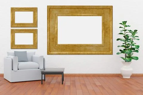 Exhibition, exhibition, empty frames in a living room. 스톡 일러스트