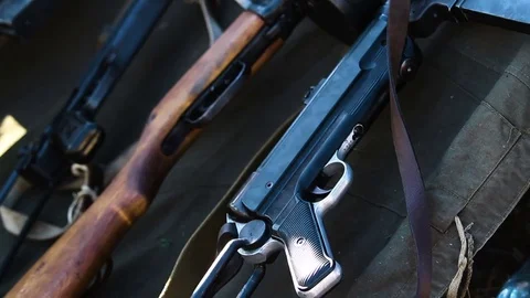 Exhibition of firearms of different epochs Stock Footage 84550613