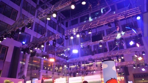 Exhibition hall with suspended stage lig... | Stock Video | Pond5