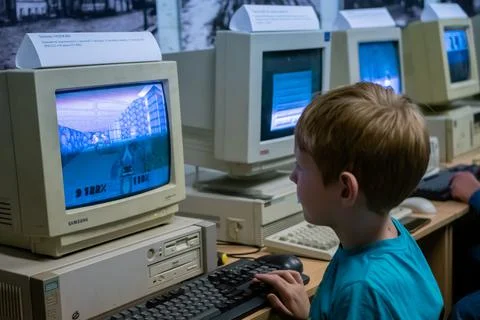 Exhibition of old desktop computers in technology museum Stock Photos
