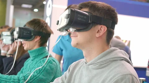 Exhibition People Try Virtual Reality Glasses vr 360 From Your Phone Stock Footage 68386569