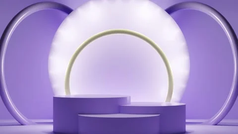 Exhibition podiums, platforms on purple background with illumination 3D render Stock Footage 224723914