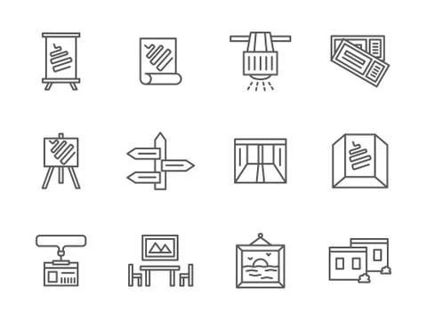 Exhibition rooms black line vector icons set Stock Illustration