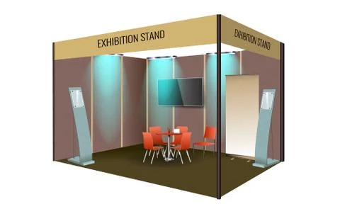 Exhibition stand display design with table and chair, info board. Commercial Stock Illustration