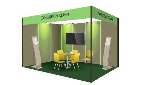 Exhibition stand display design with table and chair, info board. Commercial Stock Illustration