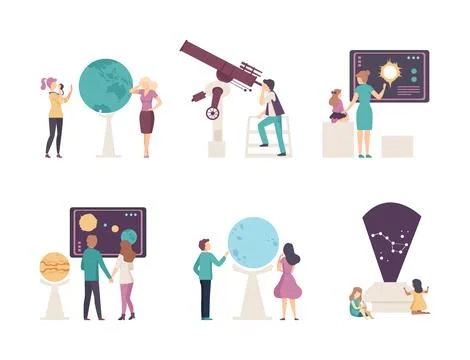 Exhibition visitors having excursion at planetarium. People looking at celestial Stock Illustration