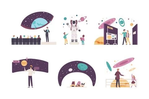 Exhibition visitors having excursion at planetarium. People looking at at planet Stock Illustration