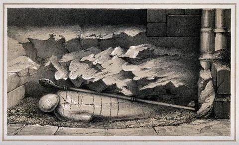 An exhumed mummy in St. Stephen's Crypt in Westminster. Chalk lithograph by.. Ilustración de archivo