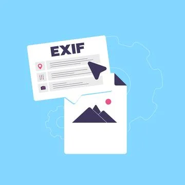 Exif metadata icon with camera settings, lens data, image format info and GPS Illustrazione stock