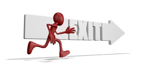 Exit arrow and running cartoon guy - 3d illustration Illustrazione stock