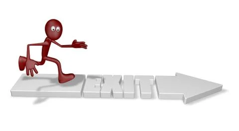 Exit arrow and running cartoon guy - 3d illustration Stock Illustration
