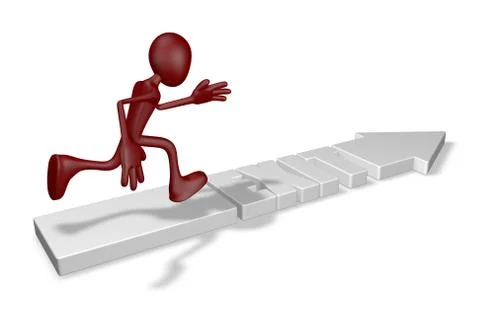 Exit arrow and running cartoon guy - 3d illustration Illustrazione stock