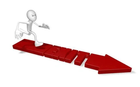Exit arrow and running cartoon guy - 3d illustration Stock-Illustration