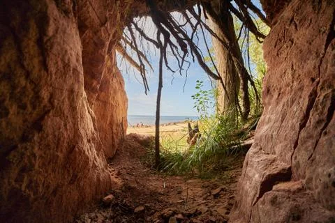 Exit from the cave. View from cave. Stock Photos