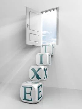 Exit conceptual door and box ladder Stock Illustration