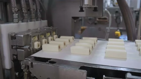 The exit of the curd mass from the molding machine. Stock Footage 161510737