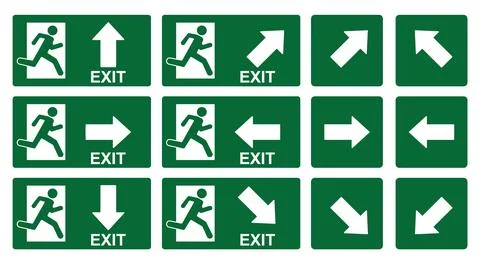 Exit direction signs, evacuation signs, exit sign icon. Design image Stock Illustration