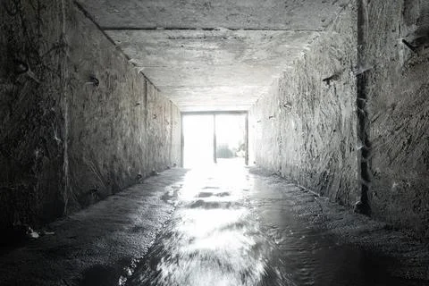 Exit from the drainage sewage rectangular tunnel with fast water stream. Stock-Fotos