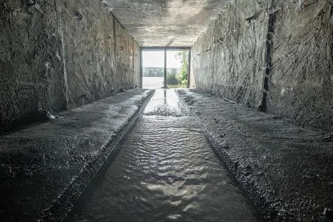 Exit from the drainage sewage rectangular tunnel. Empty concrete Drainage Stock Photos