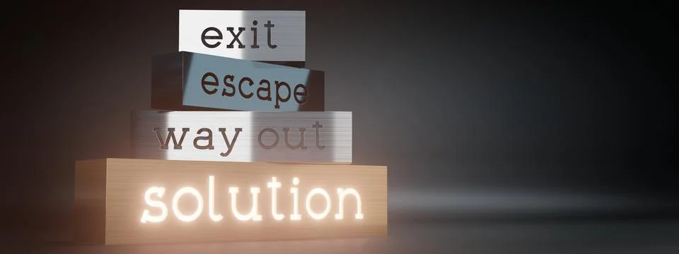Exit, escape, way out, solution - block shapes and glow effect Stock Illustration