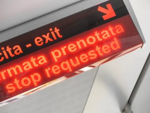 Exit lamp indicator and bus stop request inside a bus Fotos Stock