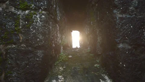 Exit from old stone tunnel, movement to light in end Stock Footage 229901586