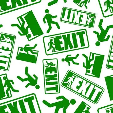 Exit sign evacuation pattern seamless. Man exiting door symbol background. .. Stock Illustration