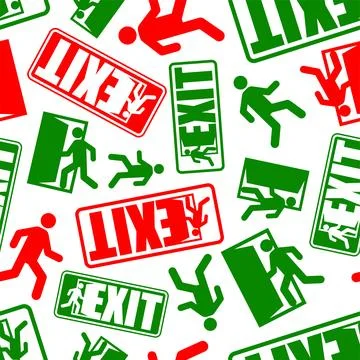 Exit sign evacuation pattern seamless. Man exiting door symbol background. .. Stock Illustration