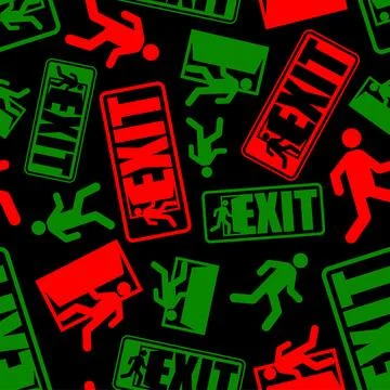 Exit sign evacuation pattern seamless. Man exiting door symbol background. .. Stock Illustration
