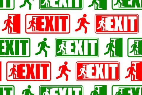 Exit sign evacuation pattern seamless. Man exiting door symbol background. .. Stock Illustration