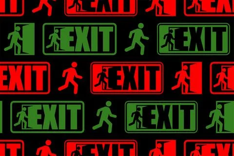 Exit sign evacuation pattern seamless. Man exiting door symbol background. .. Stock Illustration