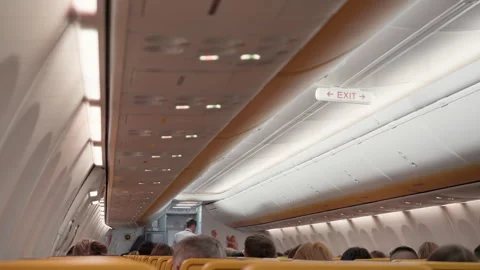 Exit sign on overhead panel in commercial airplane cabin during flight Stock Footage 325049547