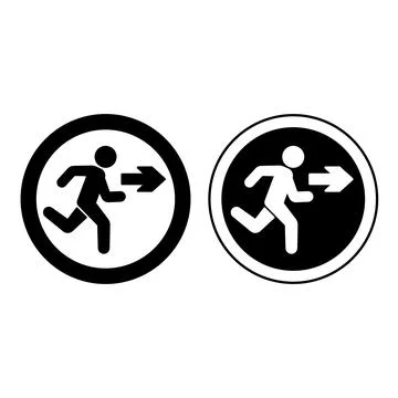 Exit Signs. Black and White Vector Icons. Warning Sign. Man Running Behind .. Stock Illustration