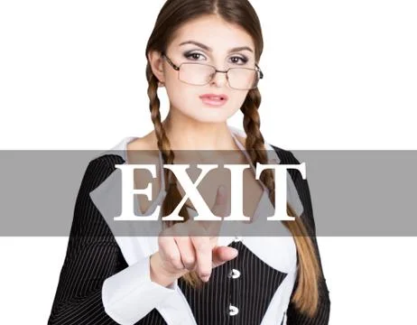 Exit written on virtual screen. sexy secretary in a business suit with glasses Stockfoto's