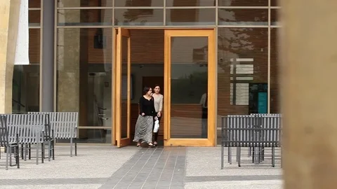 Exiting university building Stock Footage 77053802