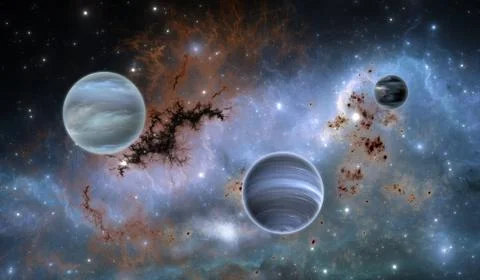 Exoplanets or Extrasolar planets on background nebula, illustration Stock Illustration