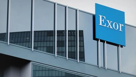 Exor Stock data presented on the logo of the office facade editorial Stock Photos