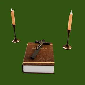 Exorcist's religious objects isolated on green background Stock Illustration