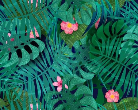 Exotic abstract vector blue jungle seamless pattern on the white background Stock Illustration