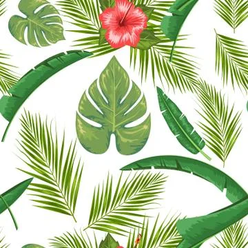 Exotic abstract vector jungle or tropical leaf and flower seamless pattern Stock Illustration